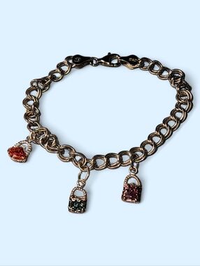 Vintage Italian Sterling Silver Double Link Charm Bracelet With 3 Purse Charms